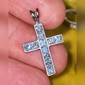 14kt solid white gold princess channel set 5A cz cross pendant charm 1.25in Tall